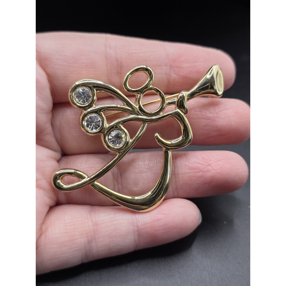 Unmarked Gold Tone Angel With Trumpet Brooch With Rhinestones